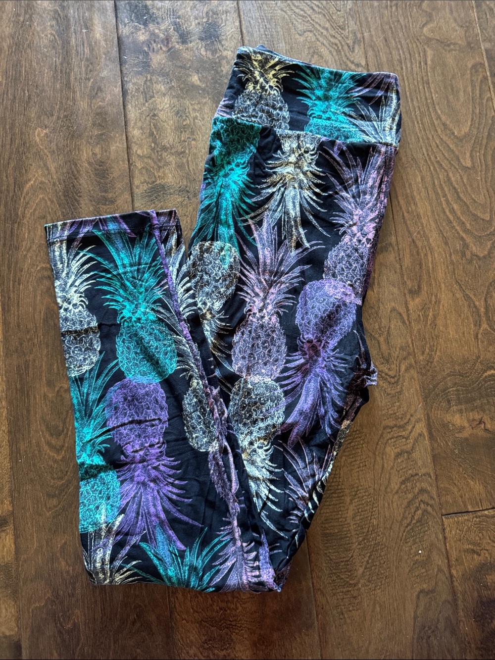LuLaRoe Pineapple Print Leggings in Teal, Purple, Gold on Black